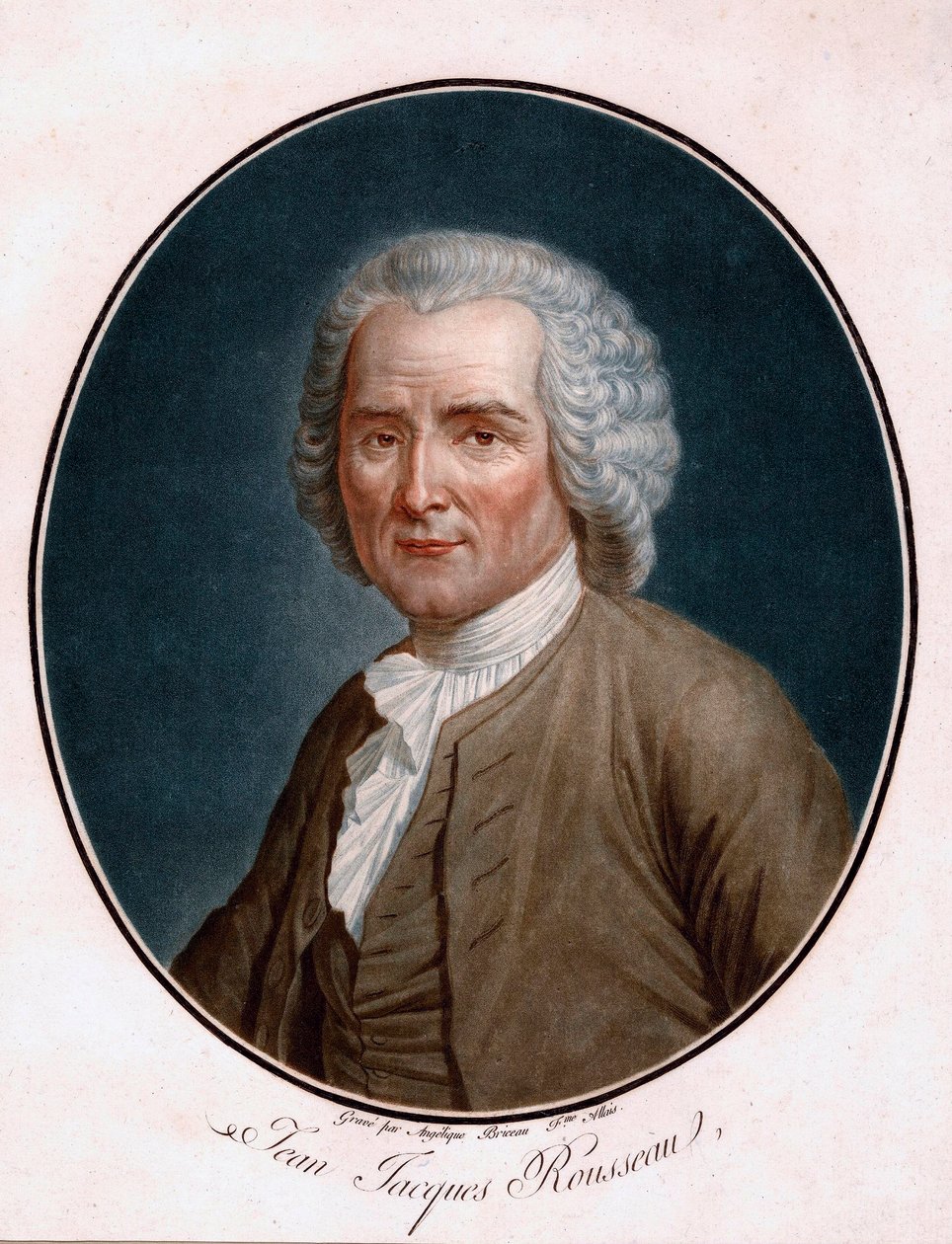 Jean Jacques Rousseaun (1712-1778) muotokuva - Jean-Jacques Rousseaun muotokuva - Kaiverrus Angelique Allais (s. Briceau) (aktiivinen 1700-luku), etsaus, akvarelli 1791 (24,5x21,5cm) - Bibliotheque de Geneve tekijältä Angelique (fl.1796 d.1827) Allais