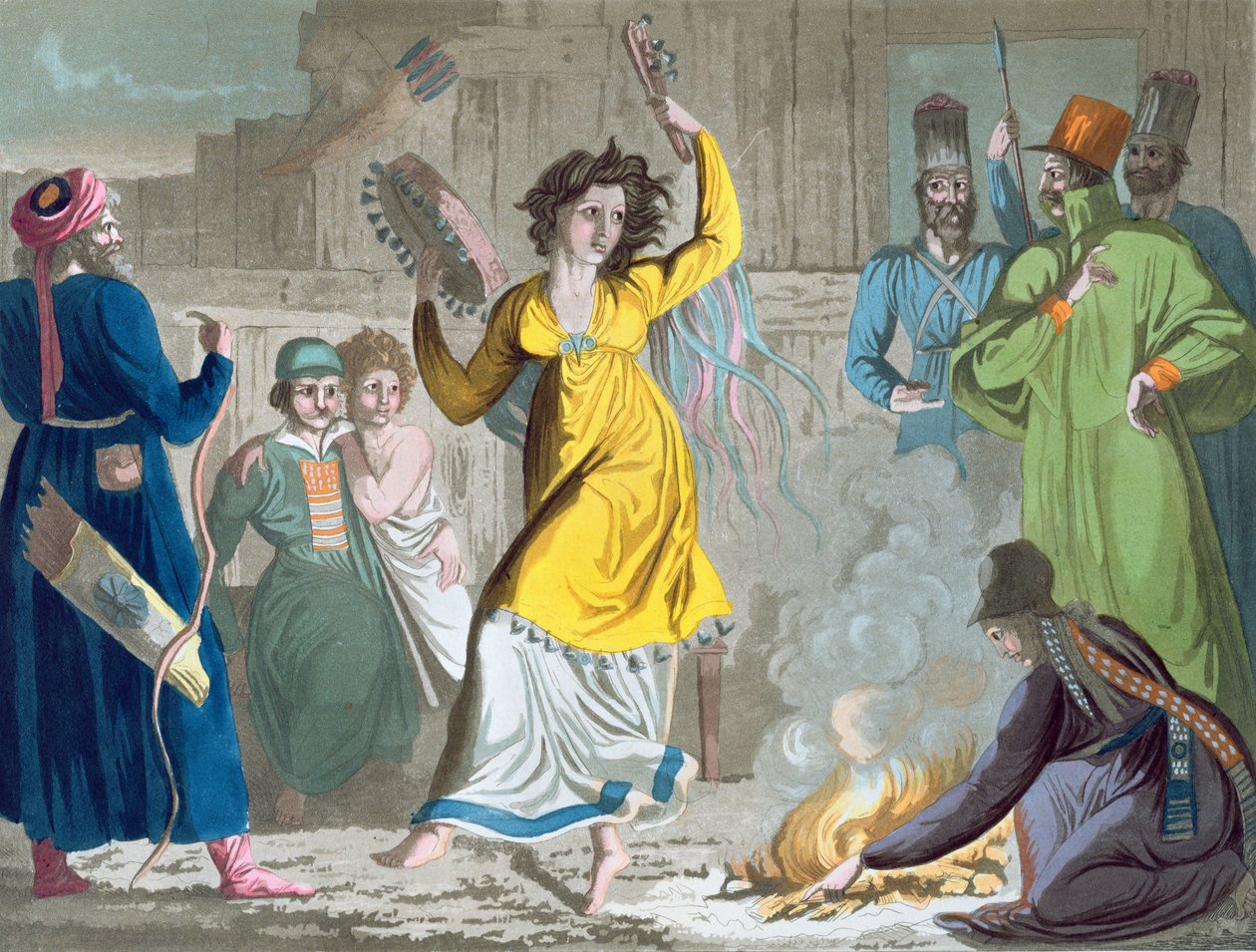 Talysh Shaman Dancing Around the Fire, Giulio Ferrarion "Ancient and Modern Costume" -kappaleesta, 1819 tekijältä Angelo Biasioli