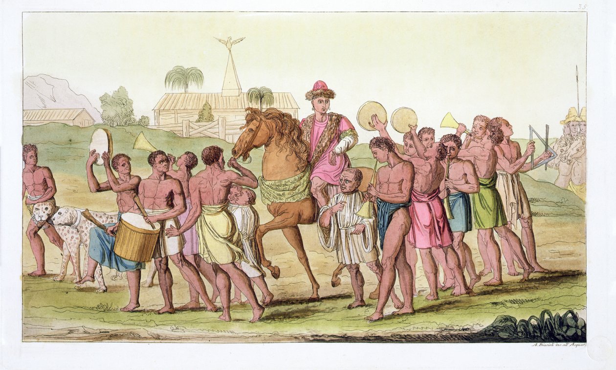 Corallo, Beninin kuninkaan juhla, levy 38 Jules Ferrarion julkaisemasta teoksesta "Le Costume Ancien et Moderne", julkaistu noin 1820-30-luvuilla. tekijältä Angelo Biasioli