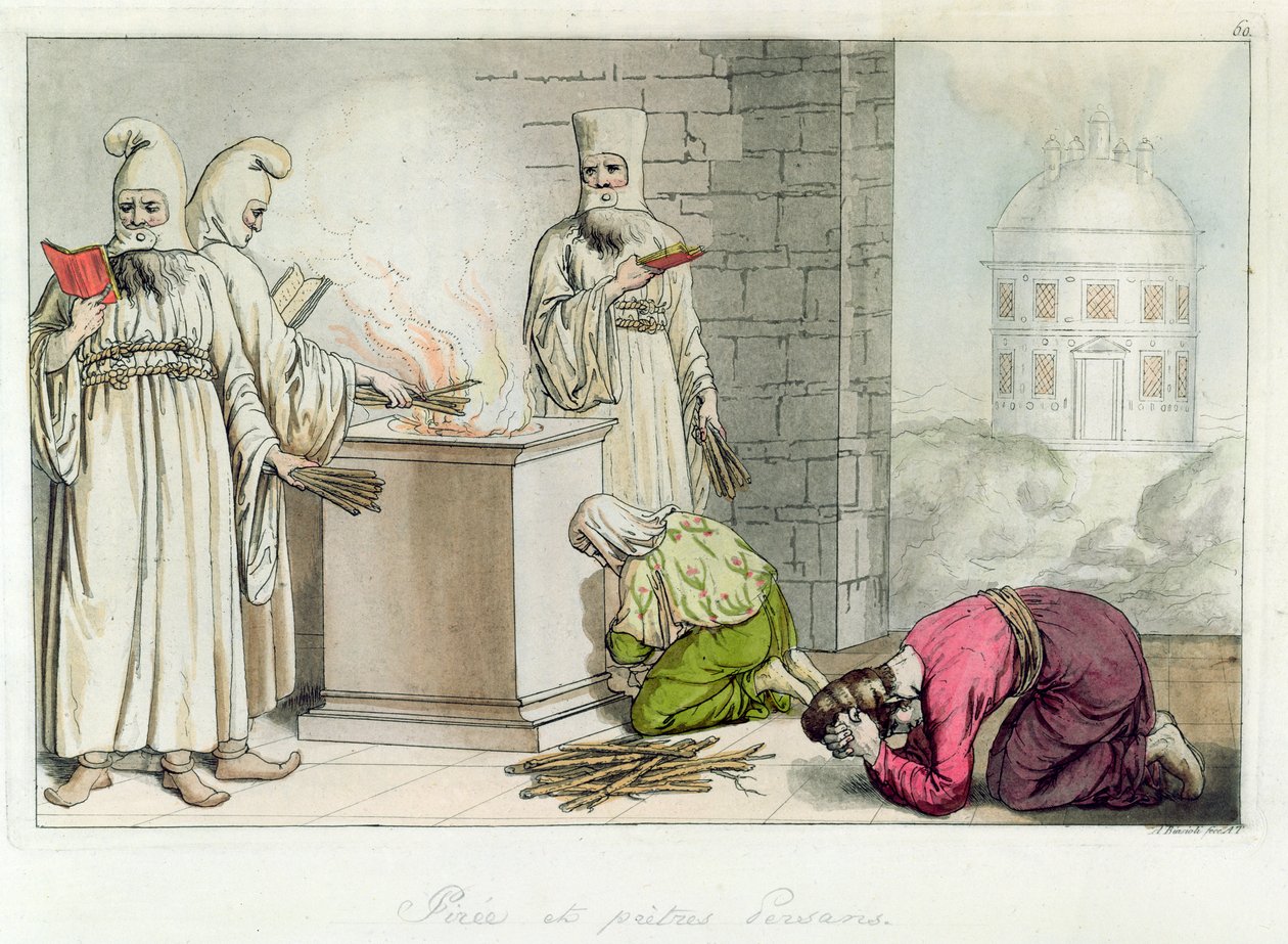 Pyre persialaisten pappien kanssa, kuvitus Giulio Ferrarion teoksesta "Il Costumo Antico e Moderno", Milano, 1819-1834 tekijältä Angelo Biasioli
