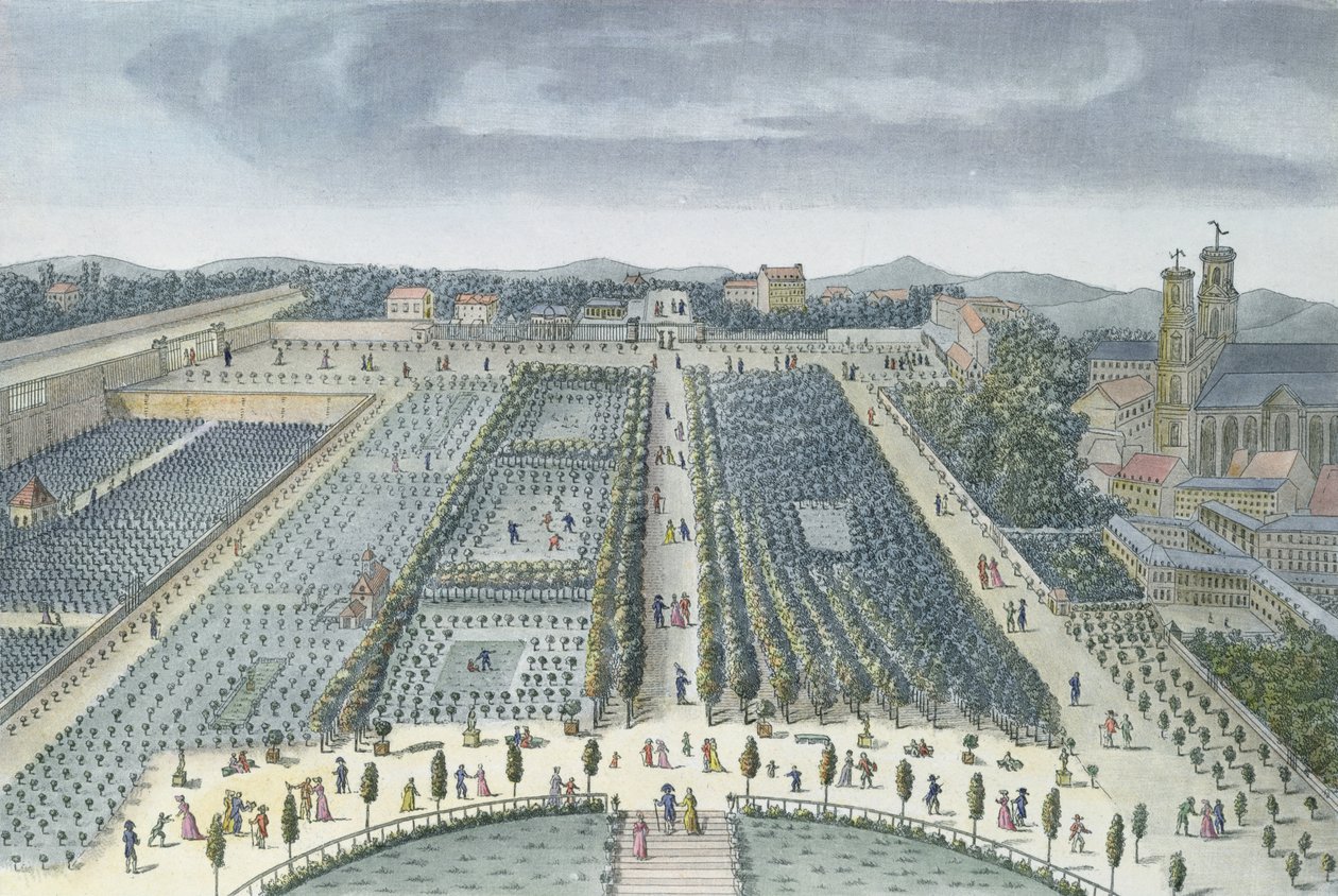 Yleisnäkymä Luxemburgin puistosta Pariisissa, 1810, kaiverrettu J.B. Chapuis (akvatinta) tekijältä Angelo Garbizza