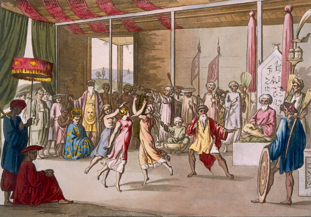 Cochinin kiinalainen draama, Giulio Ferrarion Costume dei... -elokuvasta, noin 1820-30-luvut tekijältä Angelo Monticelli