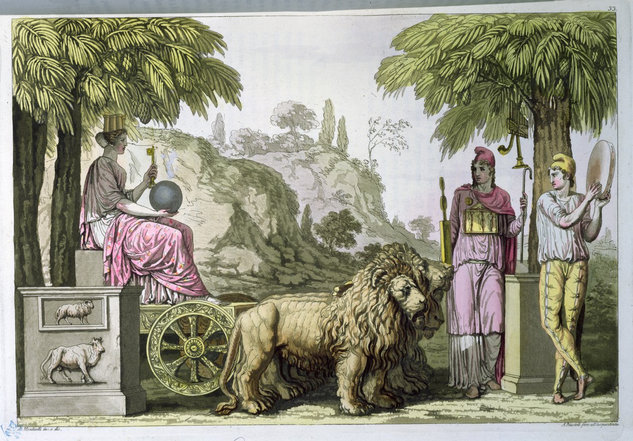 Cybele vaunuissaan ja Attis Jules Ferrarion teoksesta "Le Costume Ancien ou Moderne", kaiverrus A. Biasioli, n. 1820 (akvatinta) tekijältä Angelo Monticelli