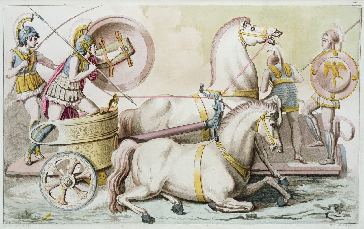 Roman Charioteers, Costumi dei Romanista, kaiverrus D. K. Bonatti, n. 1810 (akvatinta) tekijältä Angelo Monticelli
