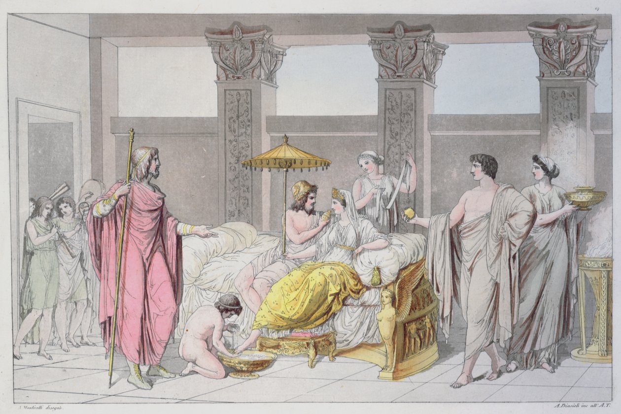 Ulysseksen ja Penelopen häät, kuvitus Jules Ferrarion teoksesta "Le Costume Ancien ou Moderne", kaiverrus A. Biasoli, Milano 1821 (värikaiverrus) tekijältä Angelo Monticelli