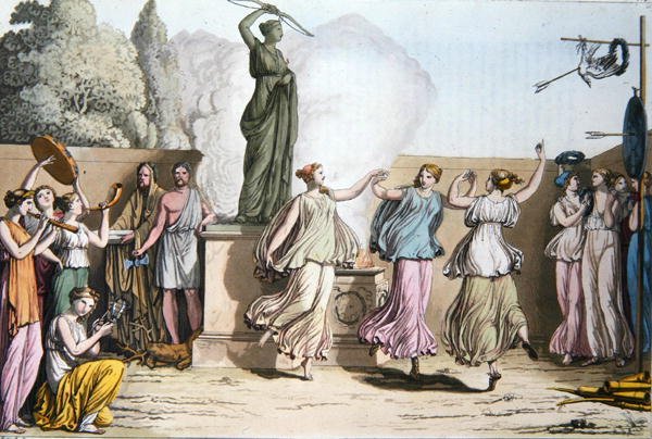 Delian Dance, kuvitus Jules Ferrarion teoksesta "Le Costume Ancien ou Moderne", kaiverrus Paolo Fumagalli, Milano 1819 (värikaiverrus) tekijältä Angelo (after) Monticelli