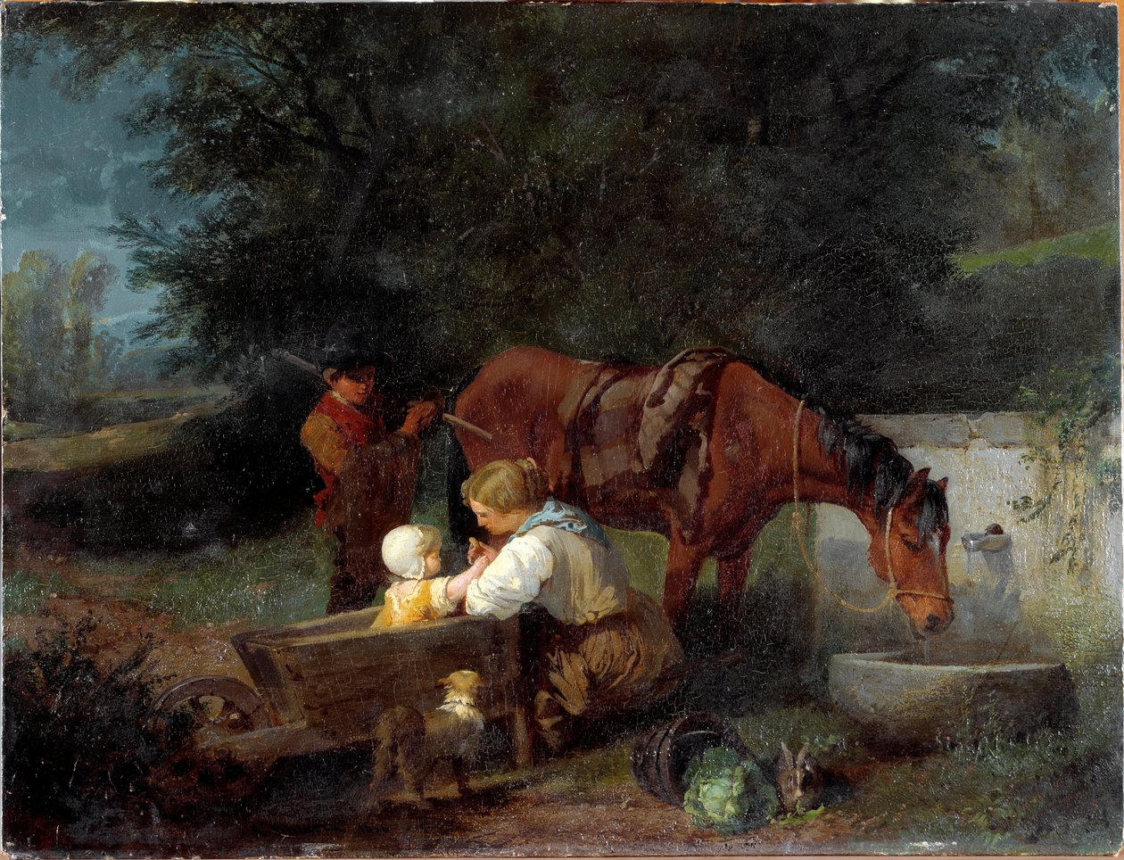 Maanviljelijä lapsensa, maalaispojan ja hevosen kanssa Angelo Beccarian maalaus (1820-1897) tekijältä Angelo Beccaria
