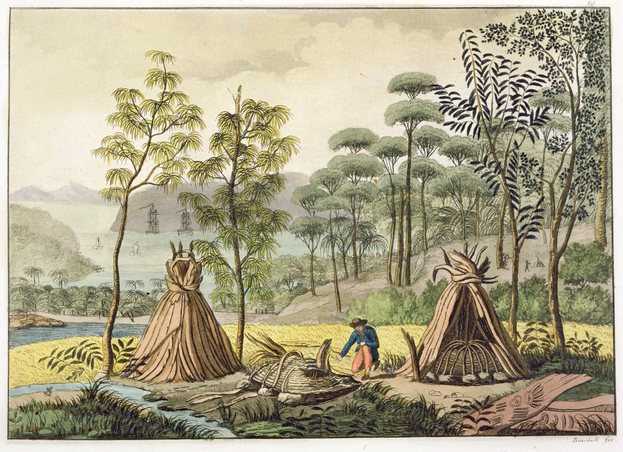 Burial Customs, New Holland, levy 63 Jules Ferrarion "Le Costume Ancien et Moderne" -julkaisusta, julkaistu noin 1820-30-luvulla tekijältä Angelo Biasioli