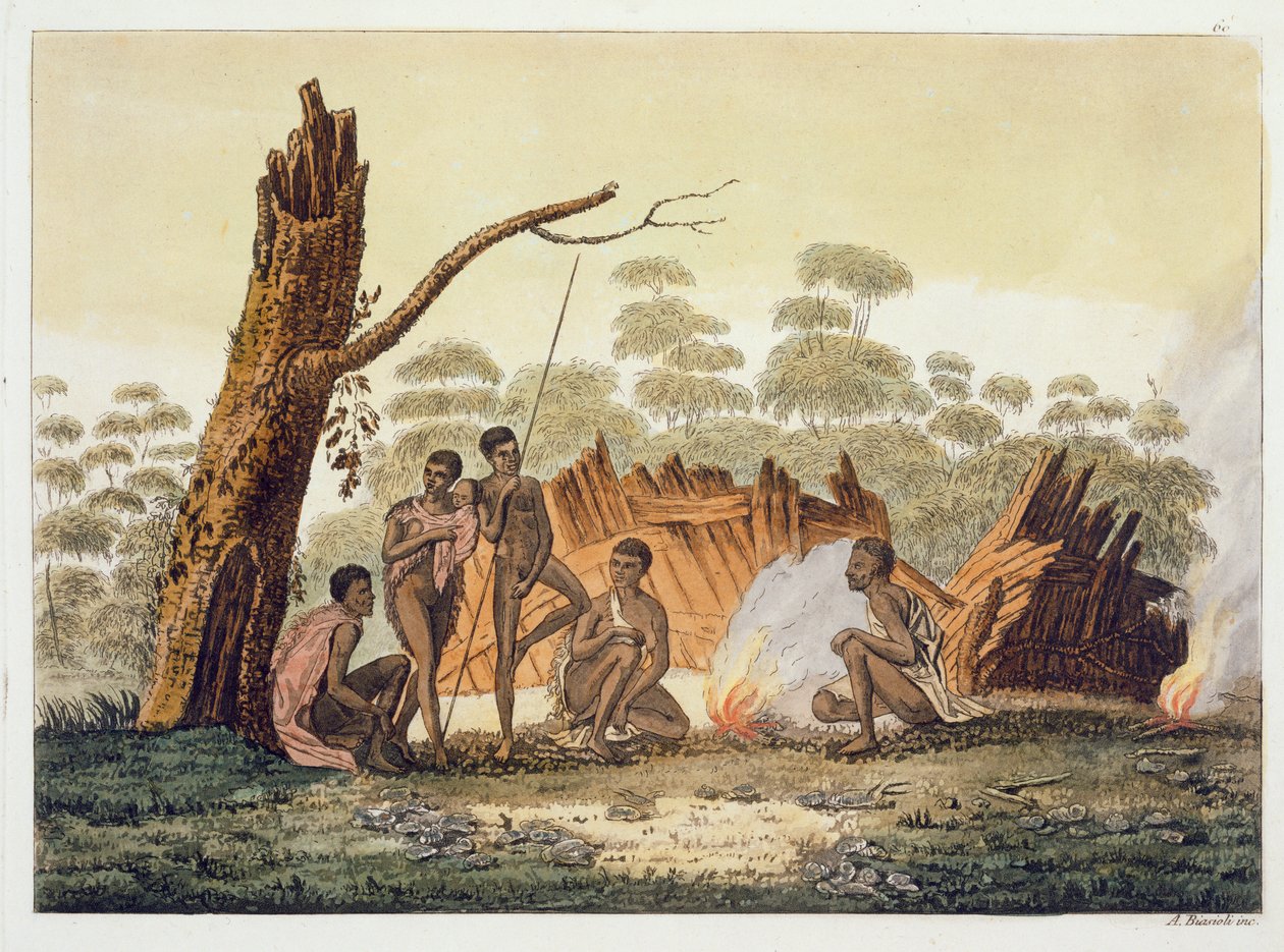 Loron asukkaat, Uusi-Hollanti, laatta 60 Jules Ferrarion teoksesta "Le Costume Ancien et Moderne", julkaistu noin 1820-30-luvuilla. tekijältä Angelo Biasioli