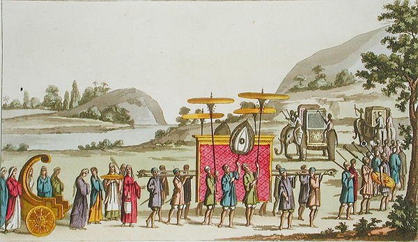 Burman kuningattaren kulkue, levy 80 Jules Ferrarion teoksesta "Le Costume Ancien et Moderne", julkaistu noin 1820-30-luvulla (värilitho) tekijältä Angelo Biasioli