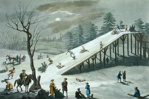 Lumiliukumäki venäläisessä julkisessa puistossa, 1800-luvun alku (värillinen kaiverrus) tekijältä Angelo Biasioli