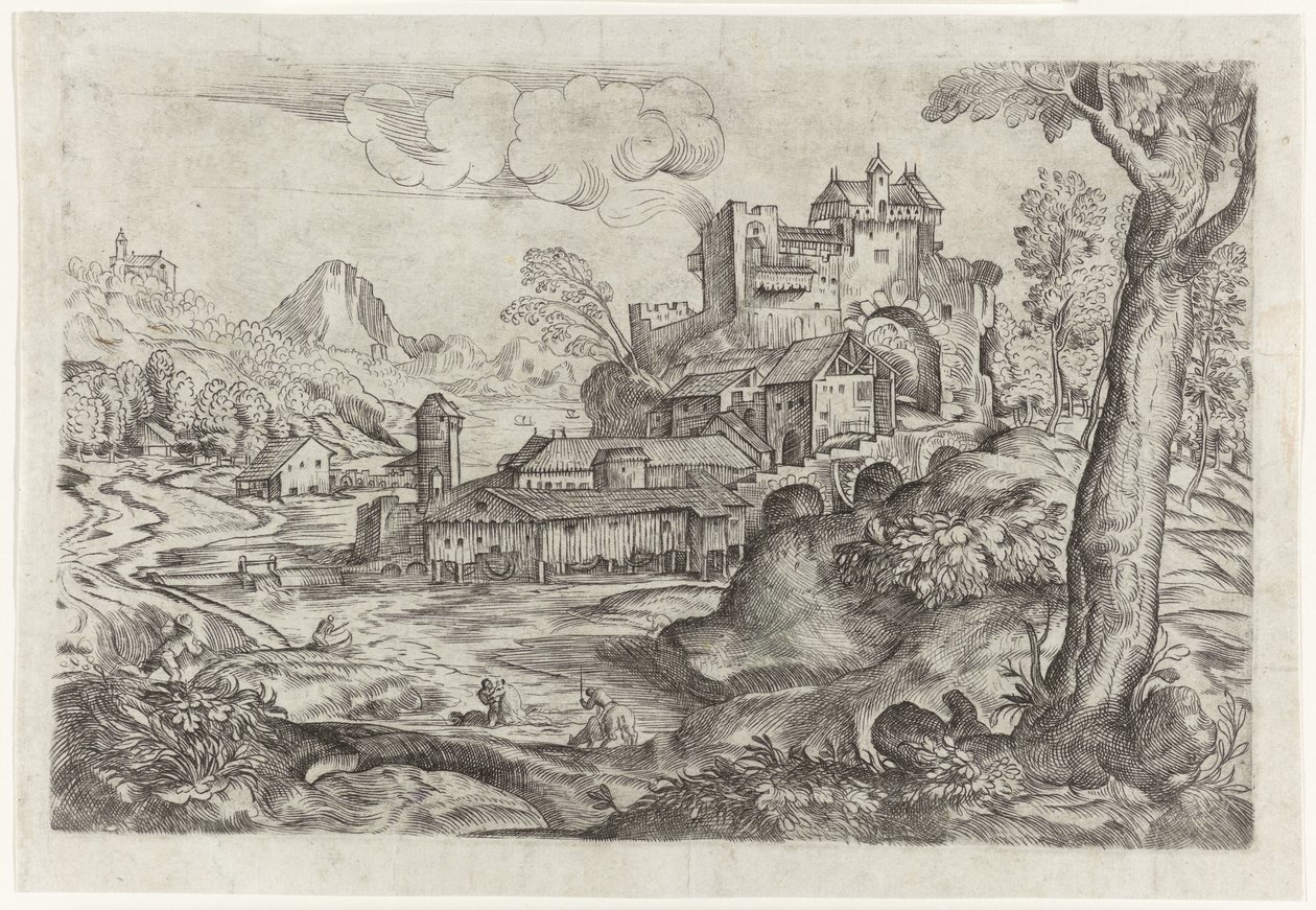 Maisema joen ja linnan kanssa tekijältä Angelo Falconetto (attributed to)