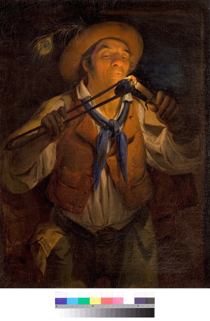 Talonpoika sytyttää kynttilän palavalla hiilellä Maalaus Angelo Inganni (1807-1880) 1850 Yksityiskokoelma tekijältä Angelo Inganni