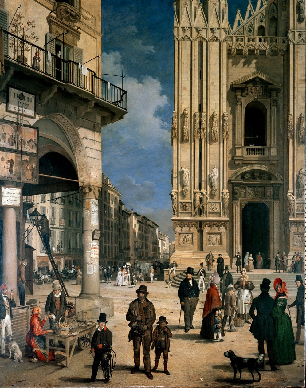 Marche de Figini Milanossa (Piazza del Duomo ja Coperto dei Figinin kulma) Yksityiskohta tekijältä Angelo Inganni