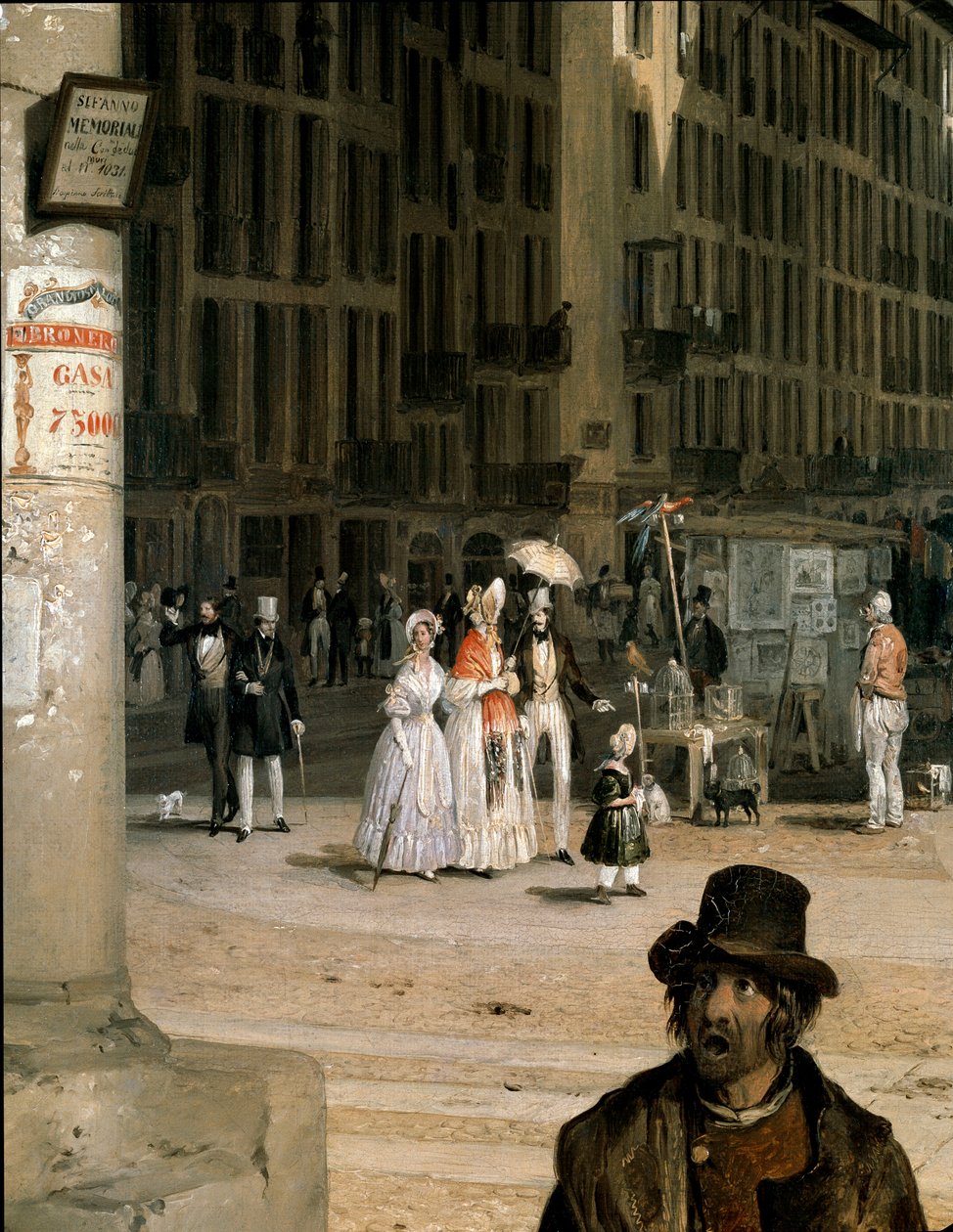 Marche de Figini a Milan (Piazza del Duomo, jossa on Coperto dei Figinin kulma) Yksityiskohta - Angelo Ingannin (1807-1880) maalaus tekijältä Angelo Inganni
