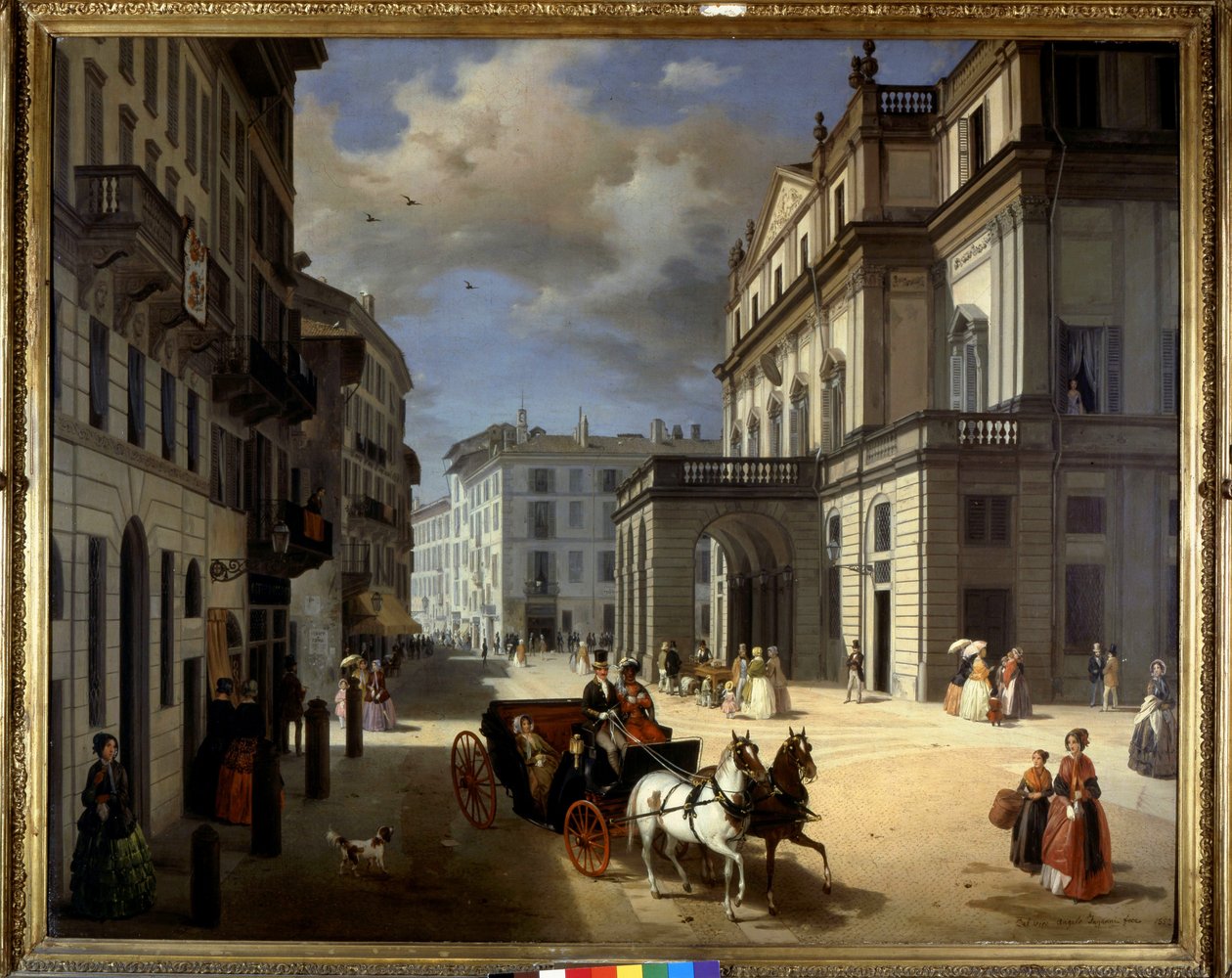 Angelo Inganni edustaa Plaza de la Scalaa Milanossa. 1800-luvulla. Breran taidegalleria, Milano. tekijältä Angelo Inganni