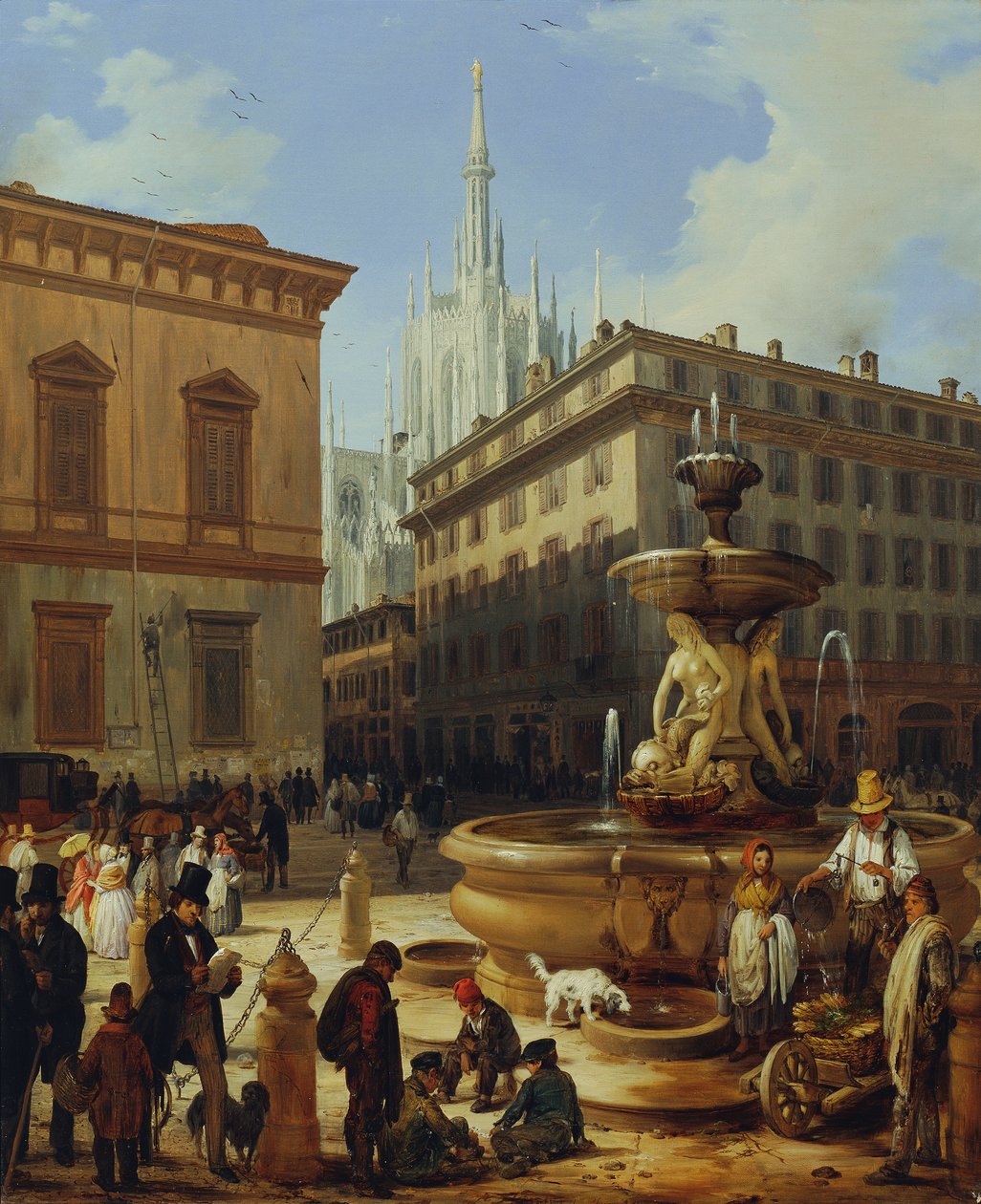 Katunäkymä Milanosta, taustalla Duomo tekijältä Angelo Inganni
