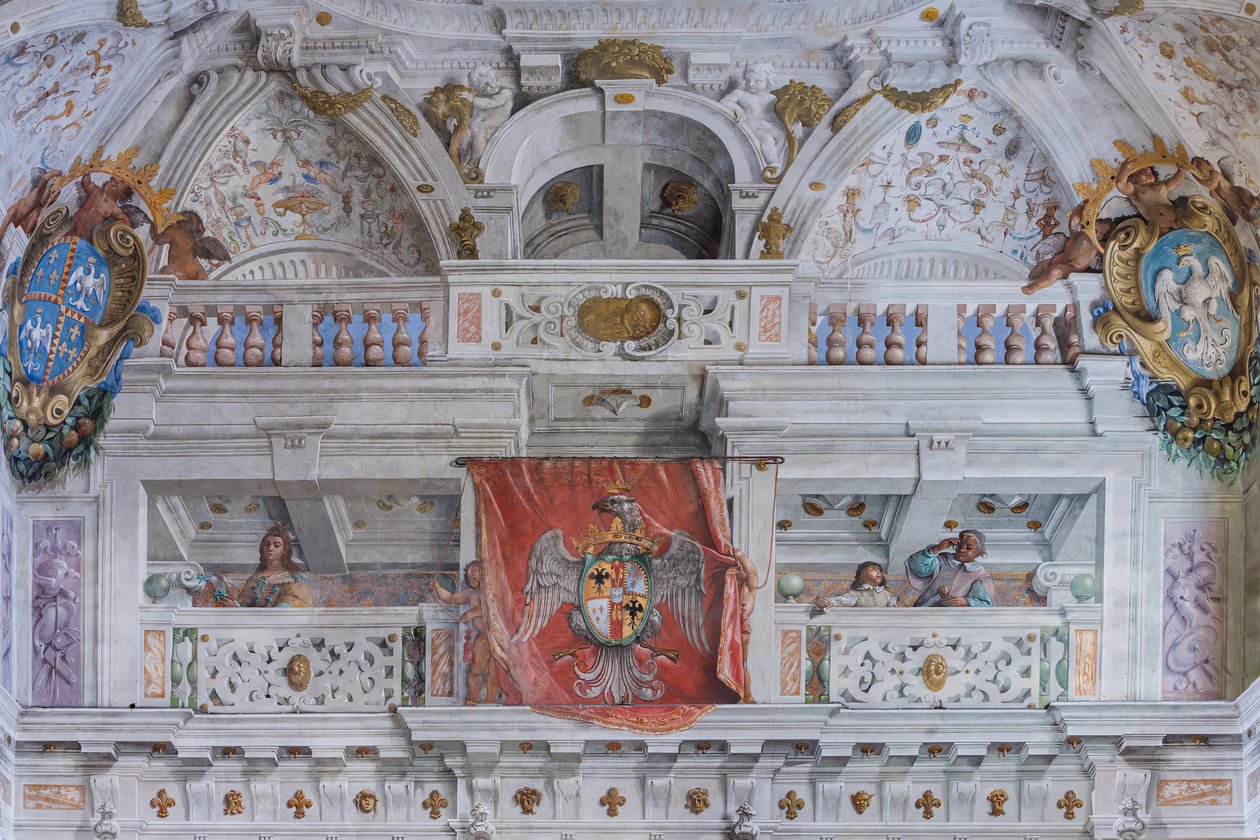 Sali, jossa on Bolognan korttelit, Vartijoiden sali, Este Ducal Palace, Sassuolo, Italia. tekijältä Angelo Michele Colonna
