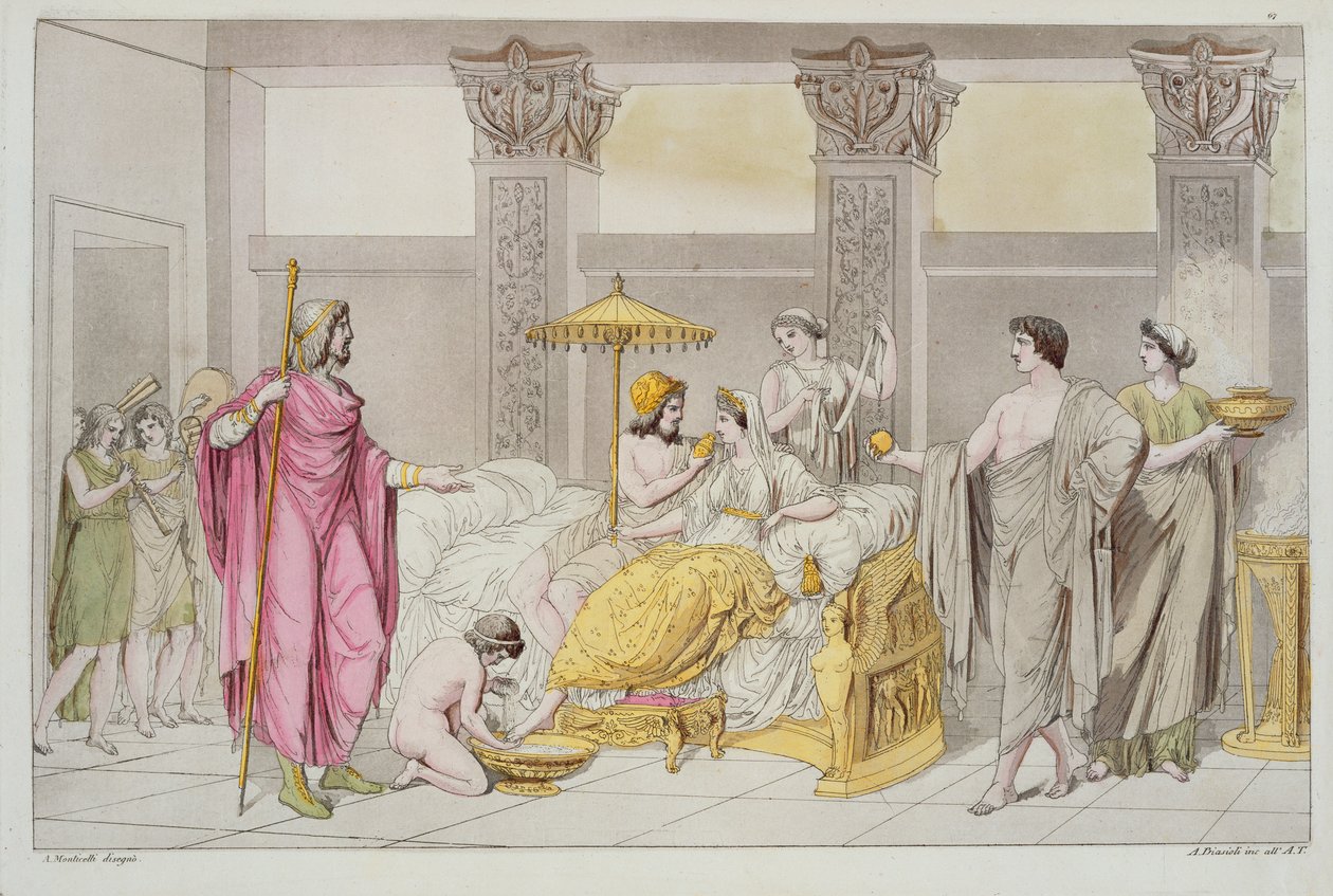 Ulysseksen ja Penelopen häät, kuvitus Jules Ferrarion teoksesta Le Costume Ancien ou Moderne, kaiverrus A. Biasoli, Milano 1821 (värikaiverrus) tekijältä Angelo Monticelli