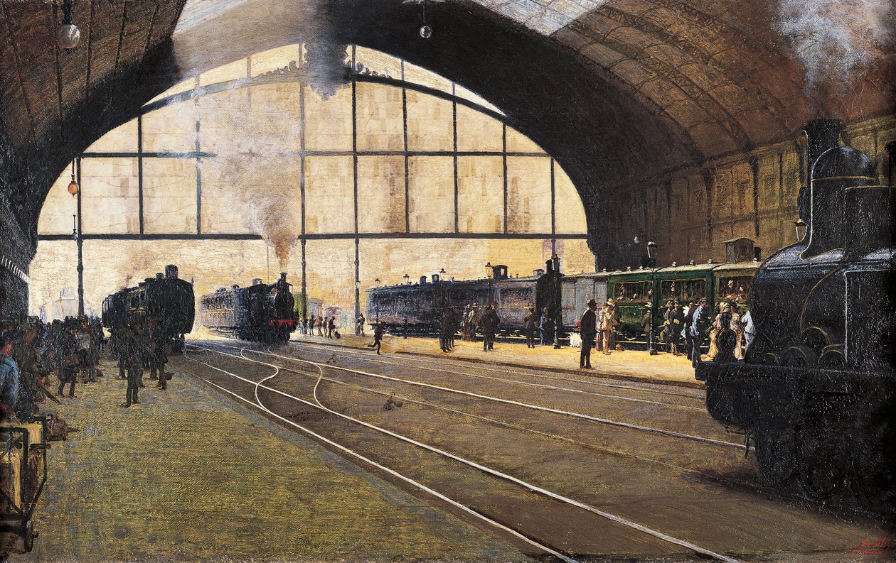 Central Station, Milan, Angelo Morbelli (1853-1919) Öljy kankaalle tekijältä Angelo Morbelli