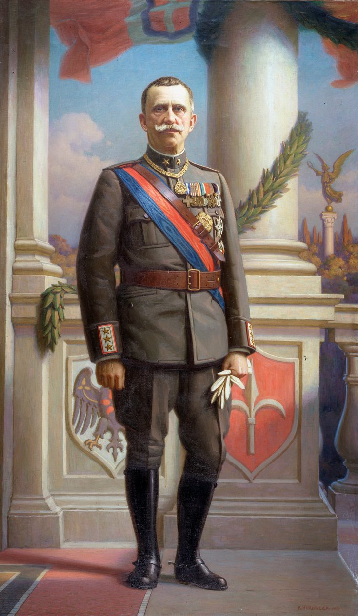 Muotokuva Italian kuninkaan Vittorio Emanuele III:sta (1869-1947) Angelo Vernazzan (1869-1937) maalaus 1923 Dim 220x130 cm Genes, Gallery of Modern Art, inv 0588 tekijältä Angelo Vernazza
