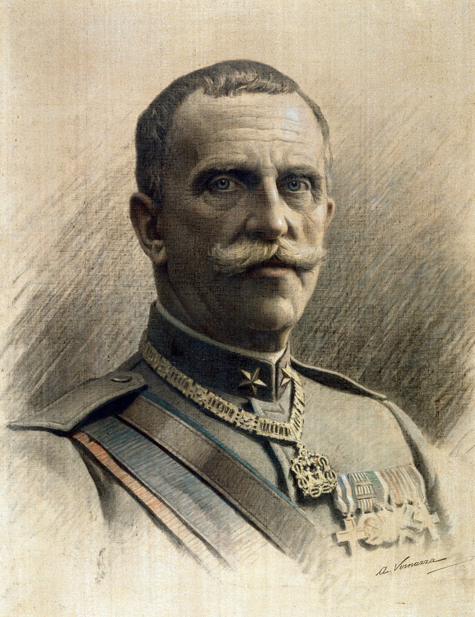 Victor Emmanuel III:n (1869-1947) muotokuva Angelo Vernazzan (1869-1937) piirustus Dim. 97x70 cm Genes Nervi, Modernin taiteen galleria, inv. 0597 tekijältä Angelo Vernazza