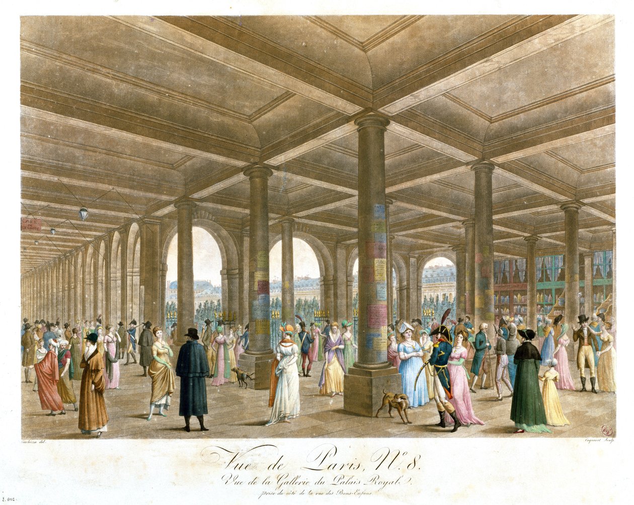 Palais Royalin arcade, kaiverrus Coquerel tekijältä Angelo after Garbizza