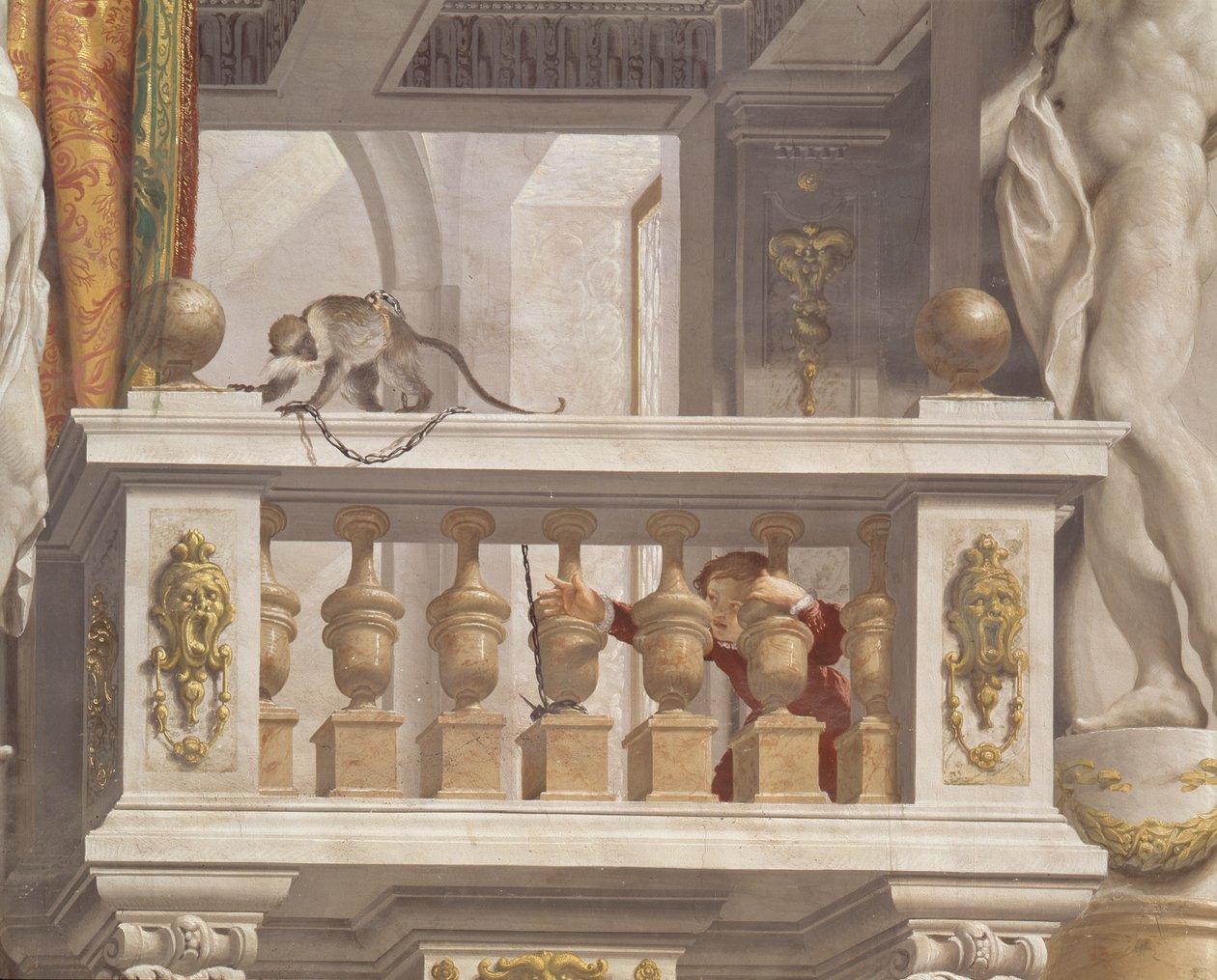Suurherttuan vastaanottohuone, kattoyksityiskohta, joka kuvaa apinaa ja nuorta poikaa kaiteen päällä, 1638-44 tekijältä Angelo and Mitelli Colonna