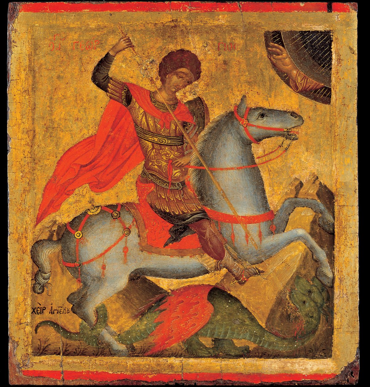 Akotandos, Angelos (aktiivinen n. 1425-1460) Pyhä Yrjö ja lohikäärme Tempera paneelissa n. 1440-1460 Benaki-museo, Ateena 40,8x37,5 tekijältä Angelos Akotantos