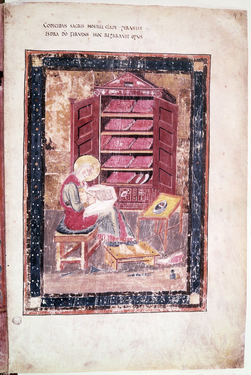 Ms 1 f.vr Ezra kirjoitti muistista pyhiä kirjoja vuonna 458 eKr. Codex Amiatinuksesta tekijältä Anglo Saxon