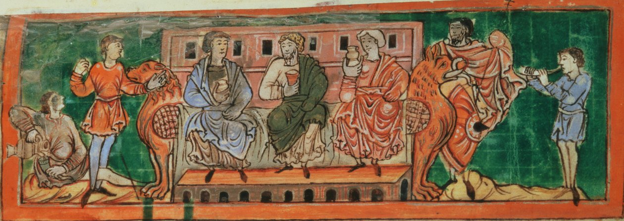 Cott Tib B V f.4v Aristocrats, tuomiopäivän aattona, kalenterista, n. 1030 (vellum) tekijältä Anglo Saxon