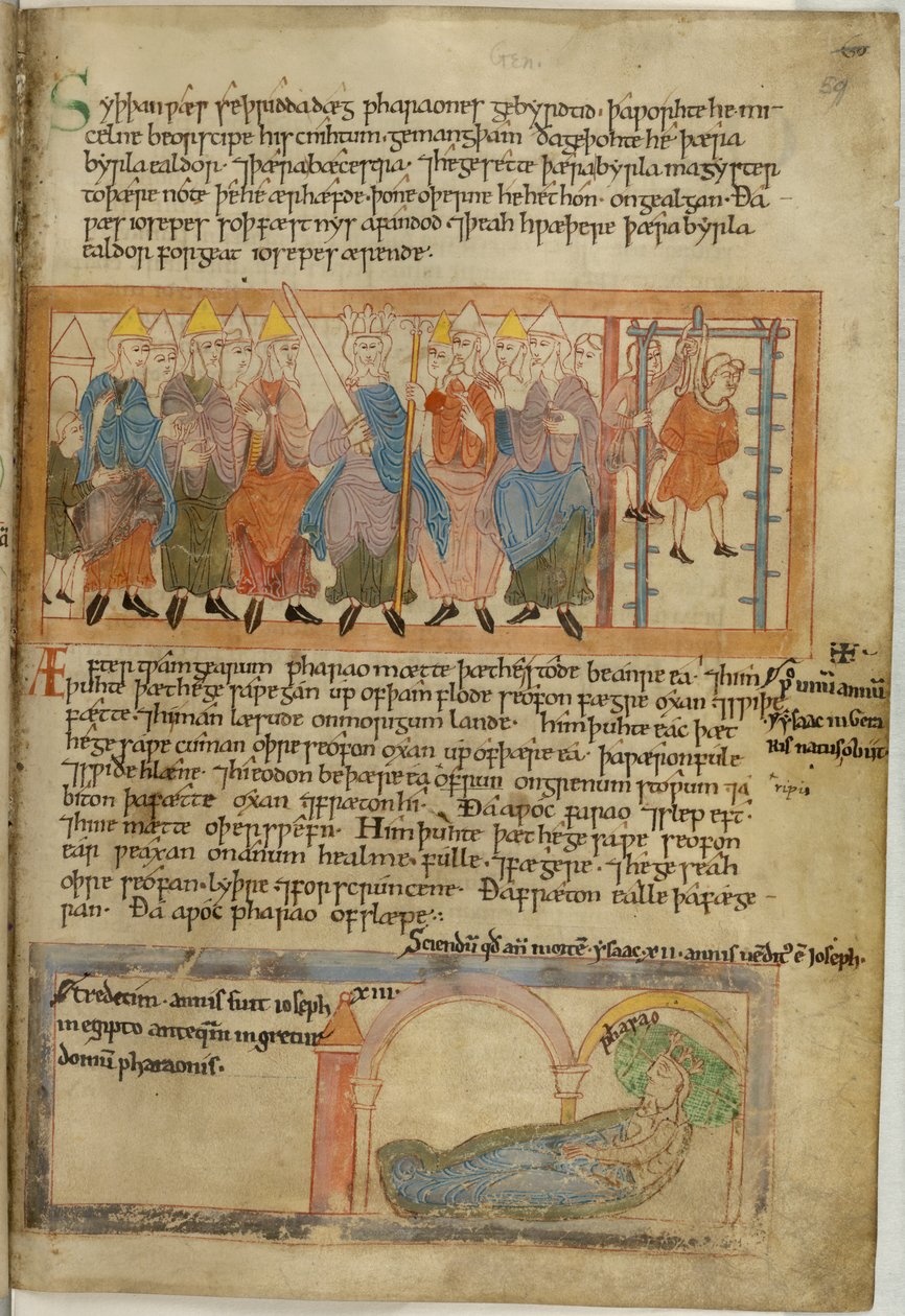 Puuvilla Claudius B. IV, f.59 Farao hirtti pääleipurinsa, vellum tekijältä Anglo Saxon