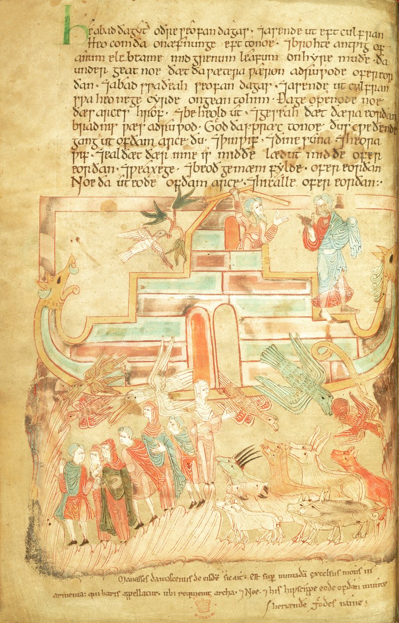 Cott Claud B IV f.15v Nooa ja perhe lähtevät arkista, Aelfric Pentateuchista, St. Augustine