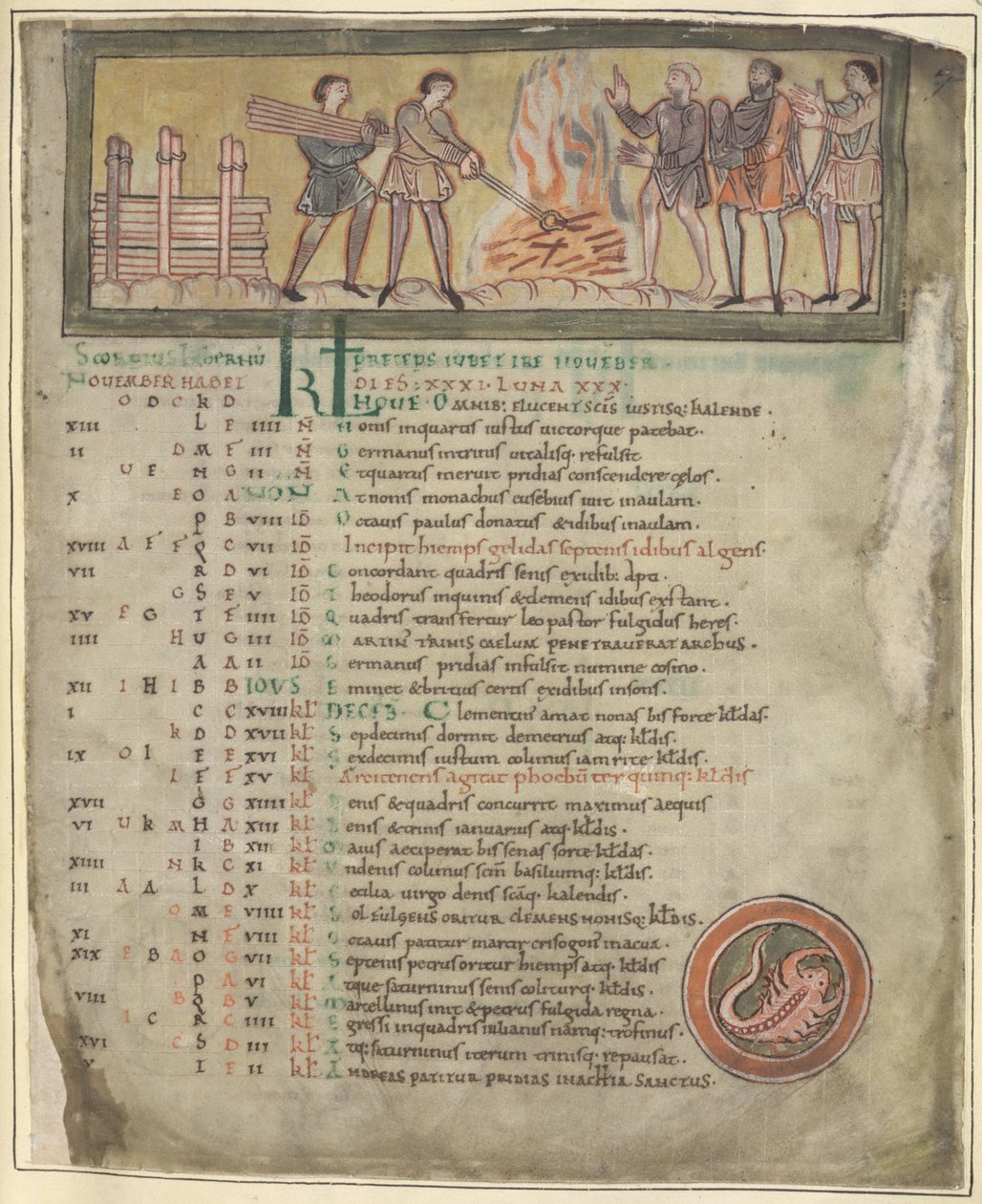 Puuvilla Tiberius B. V. Osa 1 f.8 Lämmitys ja seppätyö, marraskuu kalenterista, Winchester (?) 1000-luvun toinen neljännes (vellum) tekijältä Anglo Saxon