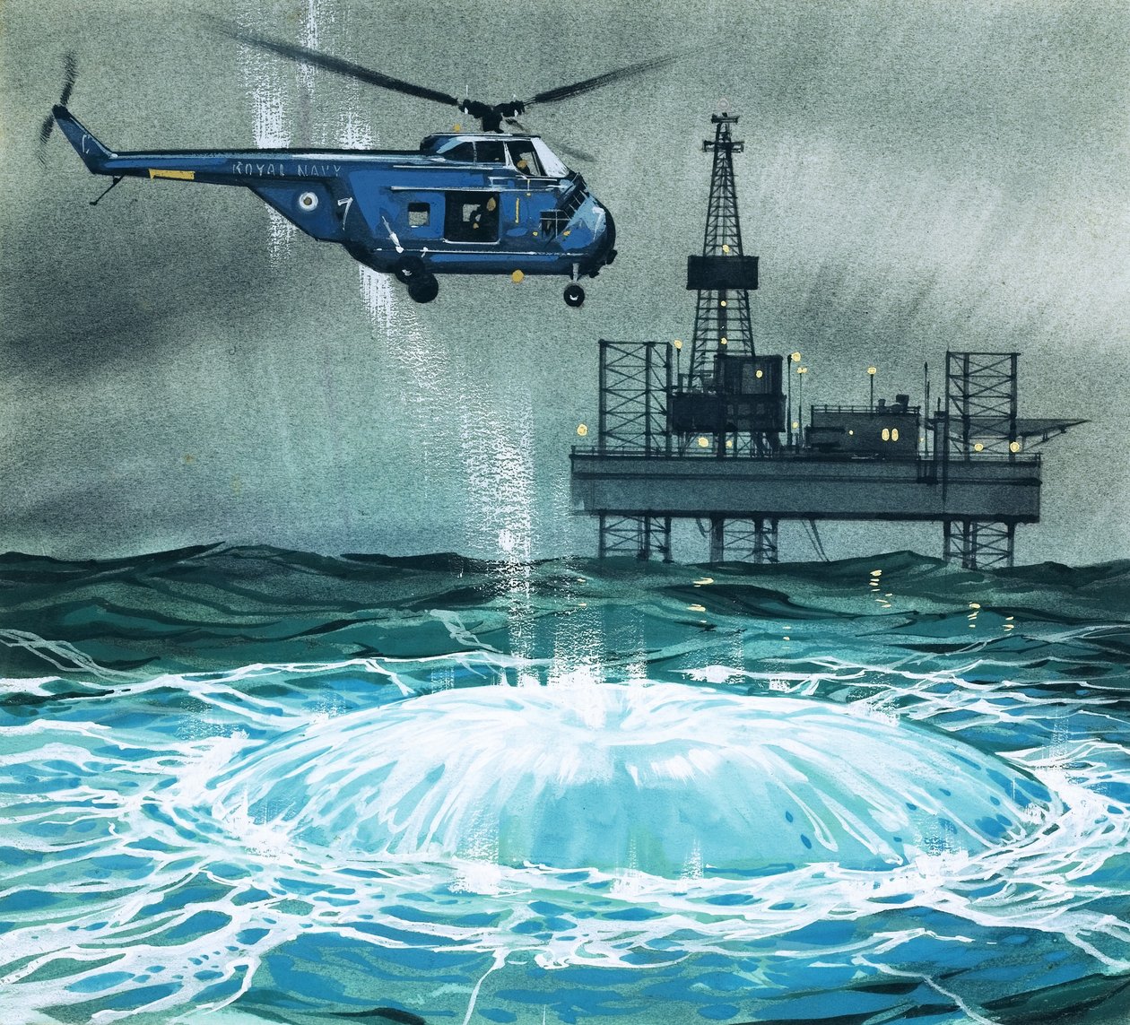 Helikopteri lähestyy öljynporauslauttaa tekijältä Angus McBride