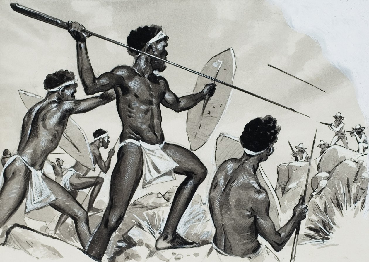 Aboriginaalit hyökkäyksen kohteena (guassi paperille) tekijältä Angus McBride