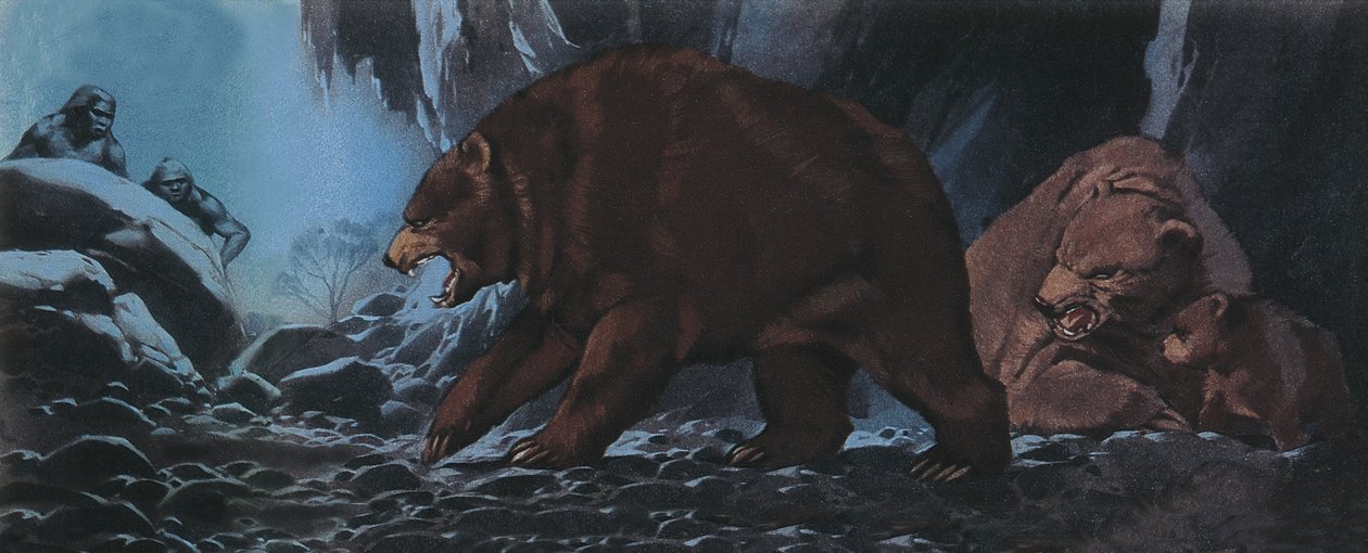 Karhut ja alkukantainen ihminen tekijältä Angus McBride