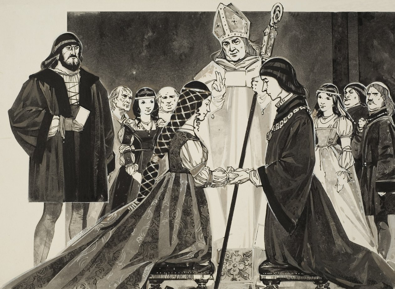 Lucrezia Borgian (1480-1519) ja herttua Alfonson avioliitto (guassi paperille). tekijältä Angus McBride