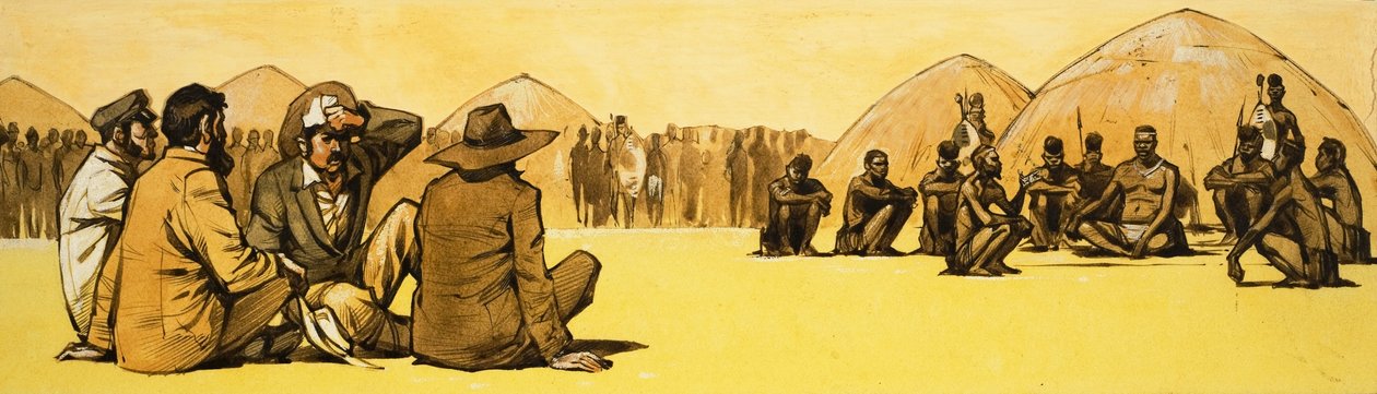 Pioneerit neuvottelevat heimopäälliköiden kanssa Afrikassa tekijältä Angus McBride