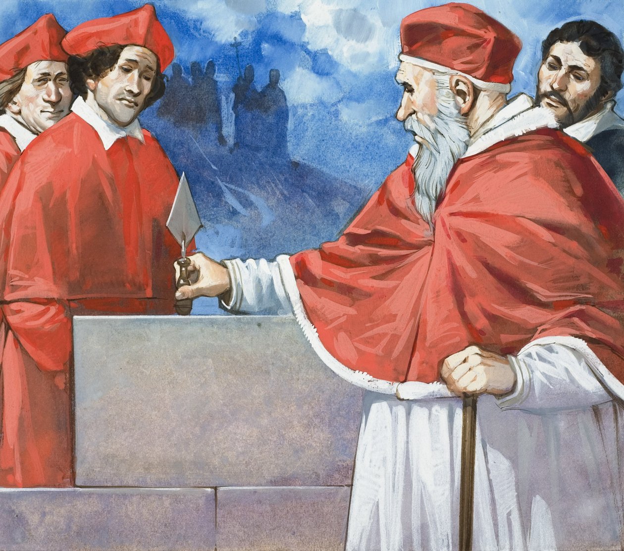 Paavi Julius II (1443-1513) laskemassa Pietarinkirkon kulmakiveä vuonna 1506 (guassi paperille). tekijältä Angus McBride