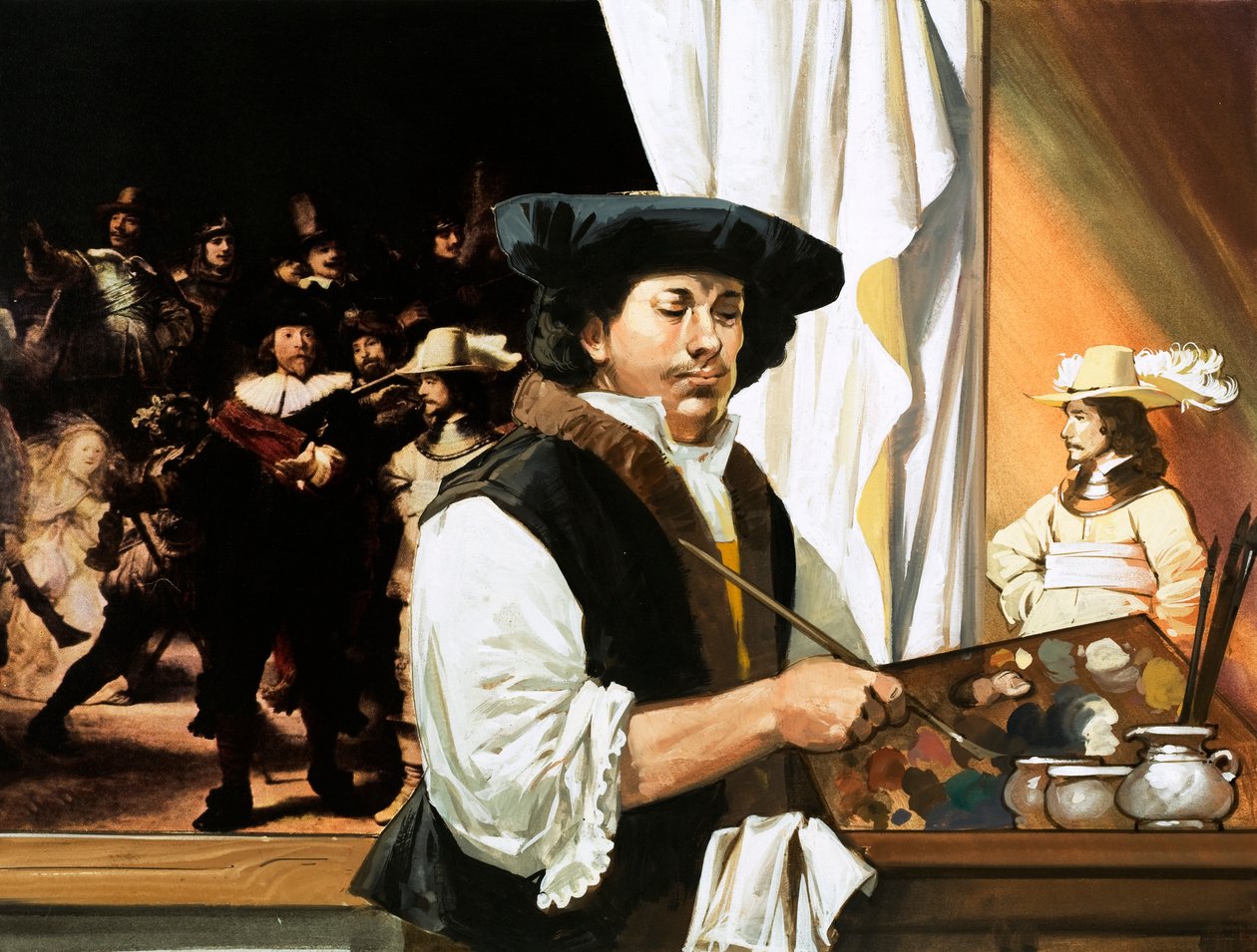 Rembrandt maalaamassa kuuluisaa muotokuvaansa kansalaiskaartilaisista. tekijältä Angus McBride