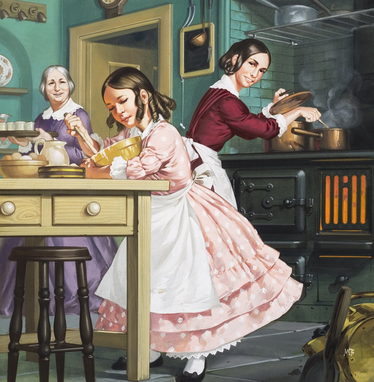 "Ota 800 munaa...", rouva Beeton (1835-65) lapsena (guassi paperille). tekijältä Angus McBride