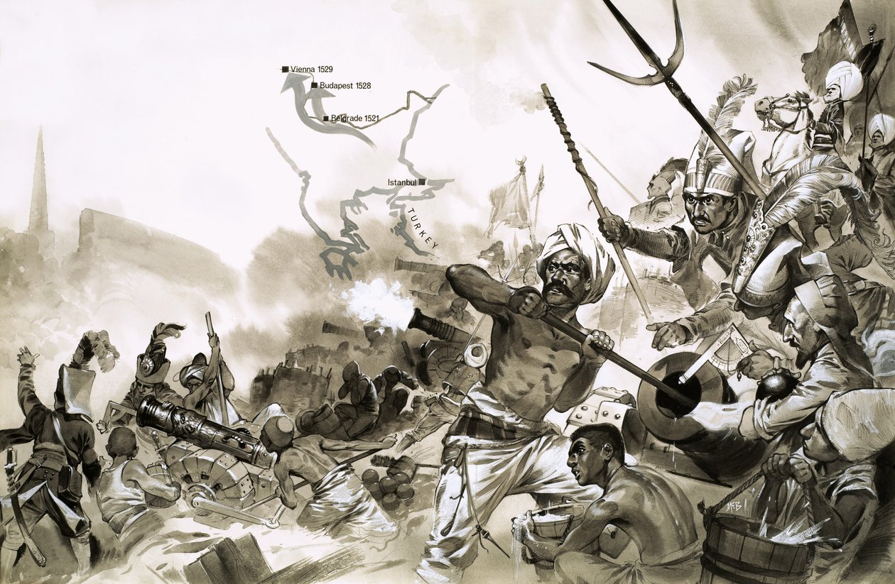 Suleimanin turkkilaiset armeijat piirittävät Wienin vuonna 1529. tekijältä Angus McBride