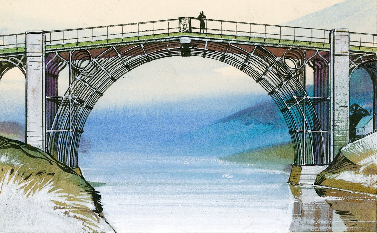 Britannian ensimmäinen rautasilta Ironbridge Gorge -järvellä. tekijältä Angus McBride