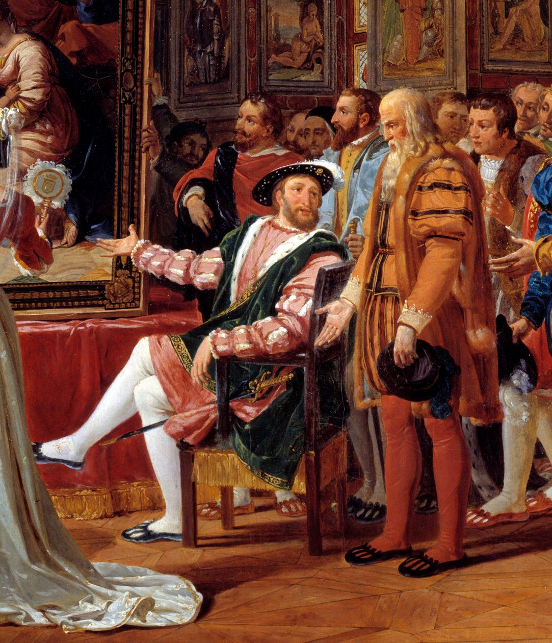 Maalauksen yksityiskohta: Francois 1. vuosisata: Francois 1. Ranskan kuningas vastaanottaa Fontainebleaussa Rafaelin (Raffaello sanzio italialainen taidemaalari) Roomasta lähettämän maalauksen Pyhästä perheestä kiitollisuudenosoituksena. Leonard de Vinci ( tekijältä Anicet Charles Gabriel Lemonnier