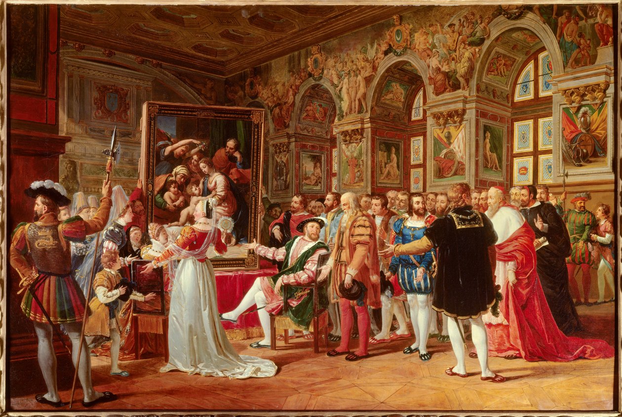 Francois 1:n vuosisata: Francois 1. Ranskan kuningas vastaanotti Fontainebleaussa maalauksen Pyhästä perheestä, jonka Raphael (Raffaello sanzio italialainen taidemaalari) lähetti Roomasta kiitokseksi. Sen sivuilla erotamme: (Osa vasemmalla o tekijältä Anicet Charles Gabriel Lemonnier