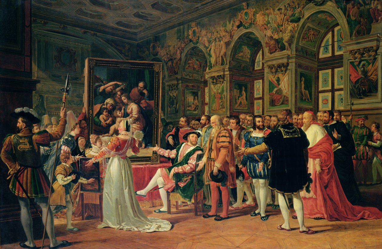 Francis I (1494-1547) vastaanottaa Rafaelin maalauksen Pyhästä perheestä tekijältä Anicet Charles Lemonnier