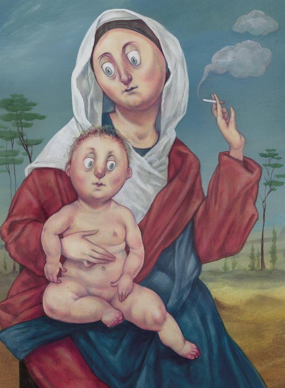 Madonna savuketauolla, 2018 (akryylimaali kuvituskartongille) tekijältä Anita Kunz