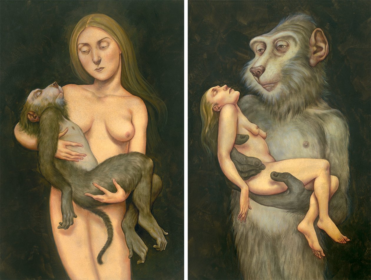 Pieta makakin kanssa, 2010 (akryylimaali kuvituskartongille) tekijältä Anita Kunz