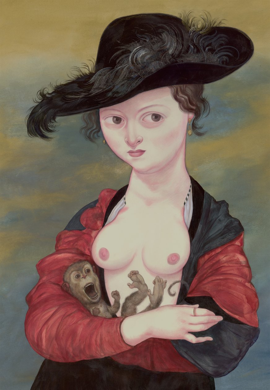 Portrait Of A Lady With A Titi, 2016 (akryylimaali kuvituskartongille) tekijältä Anita Kunz